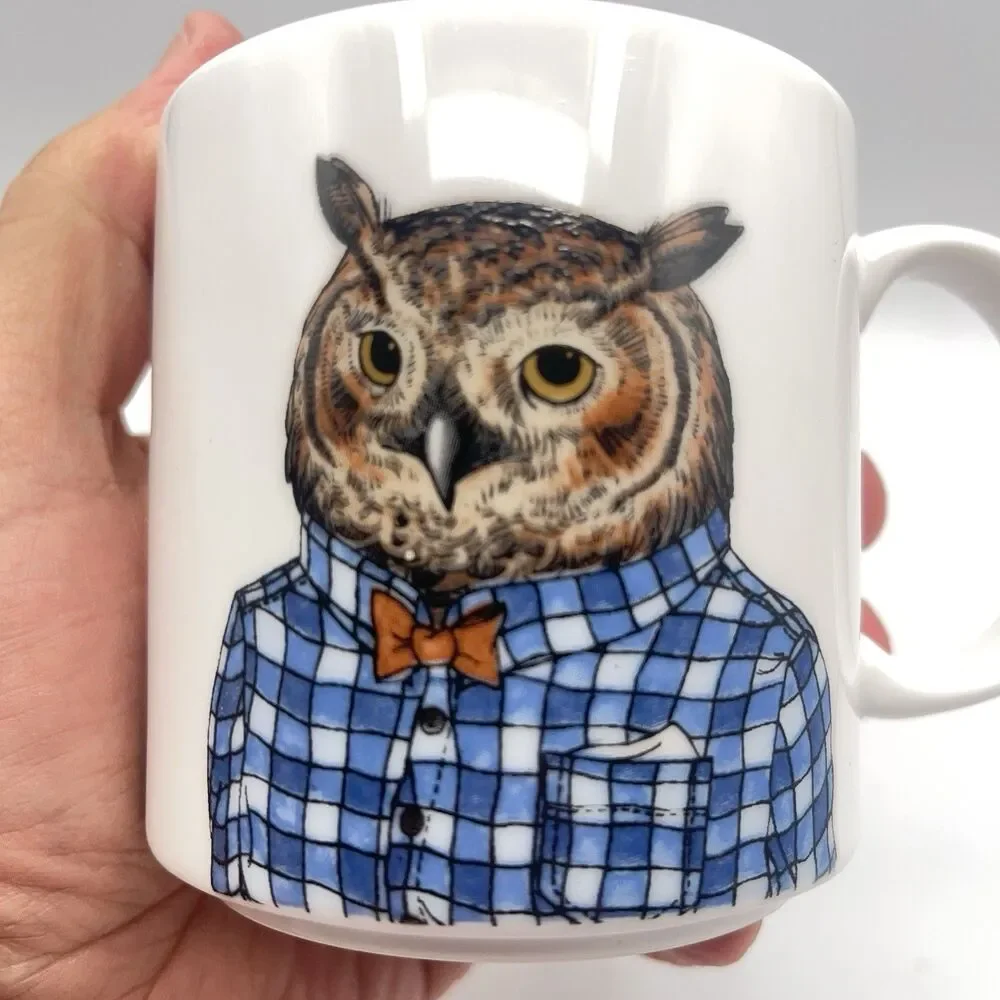 West Elm Rachel Kozlowski White Ceramic Dapper Owl Bow Tie Coffee Tea Mug Cup